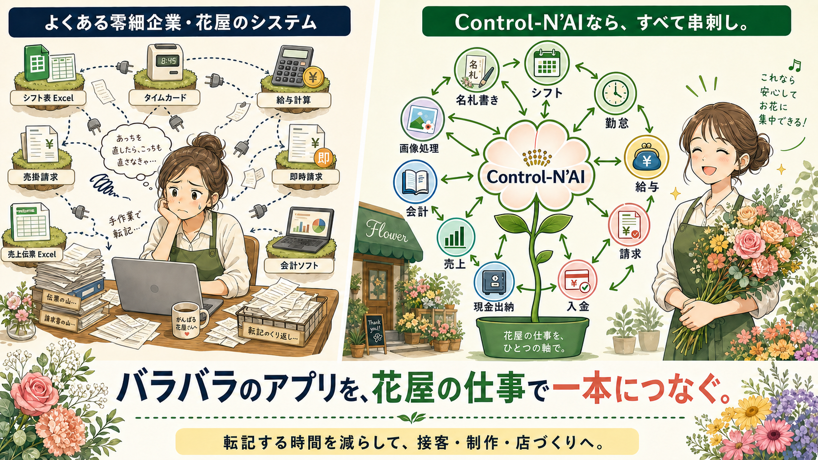 バラバラな花屋の業務アプリをCONTROL-N’AIで一本につなぐイメージ