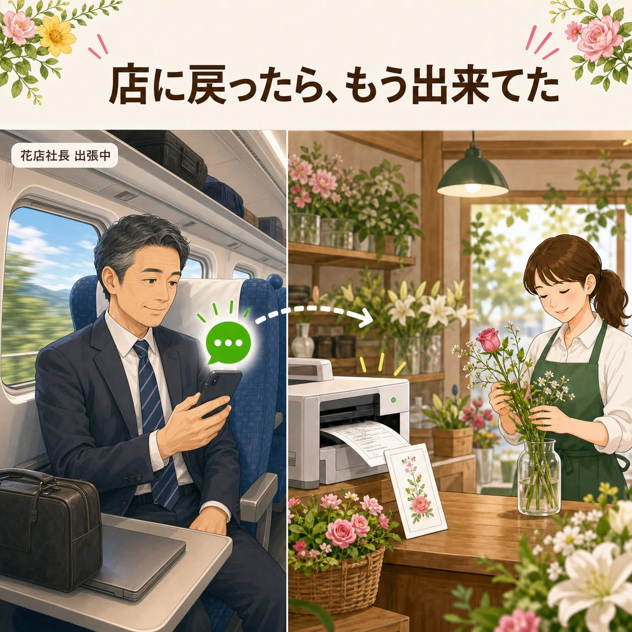 外出先からLINEで注文すると店で伝票と札が印刷されるイメージ